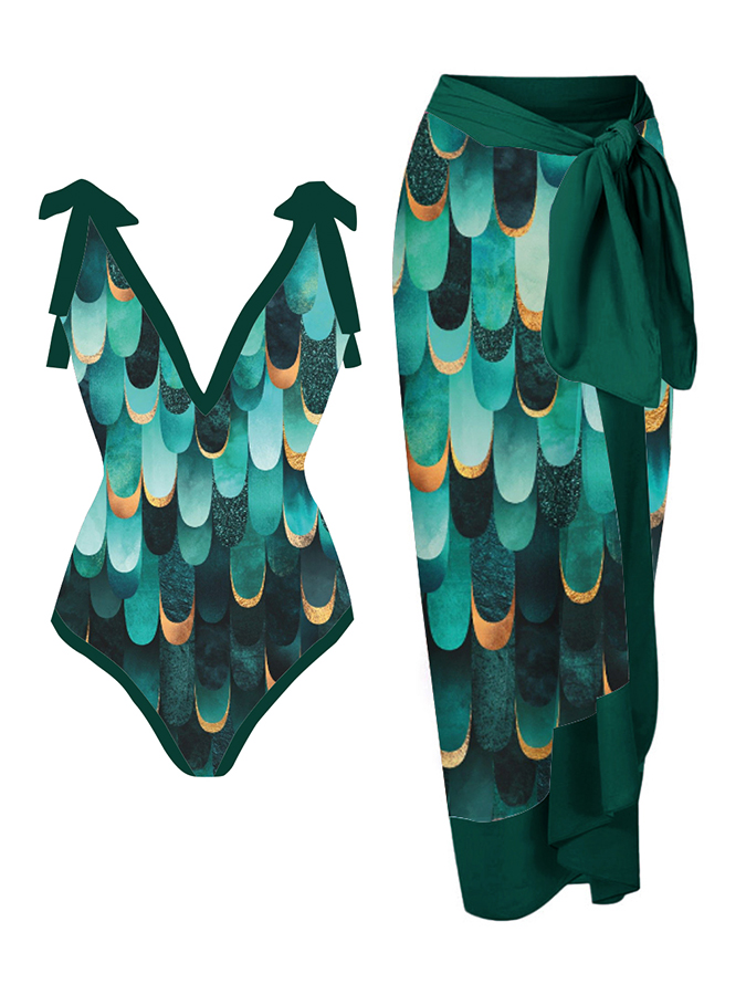 Geometric Print One Piece Swimsuits and Cover Up