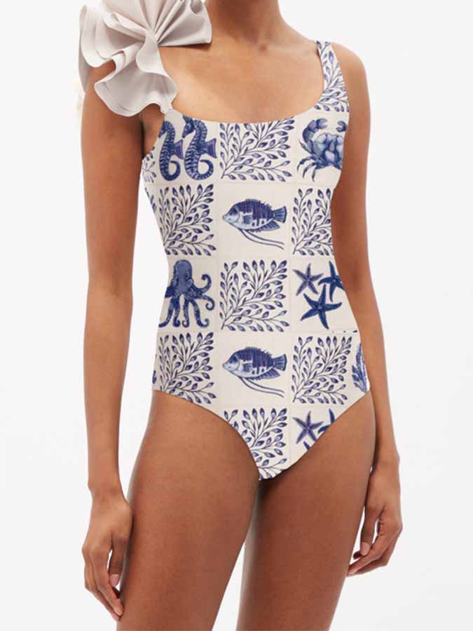 One-Shoulder Fashion Print One-Piece Swimsuit