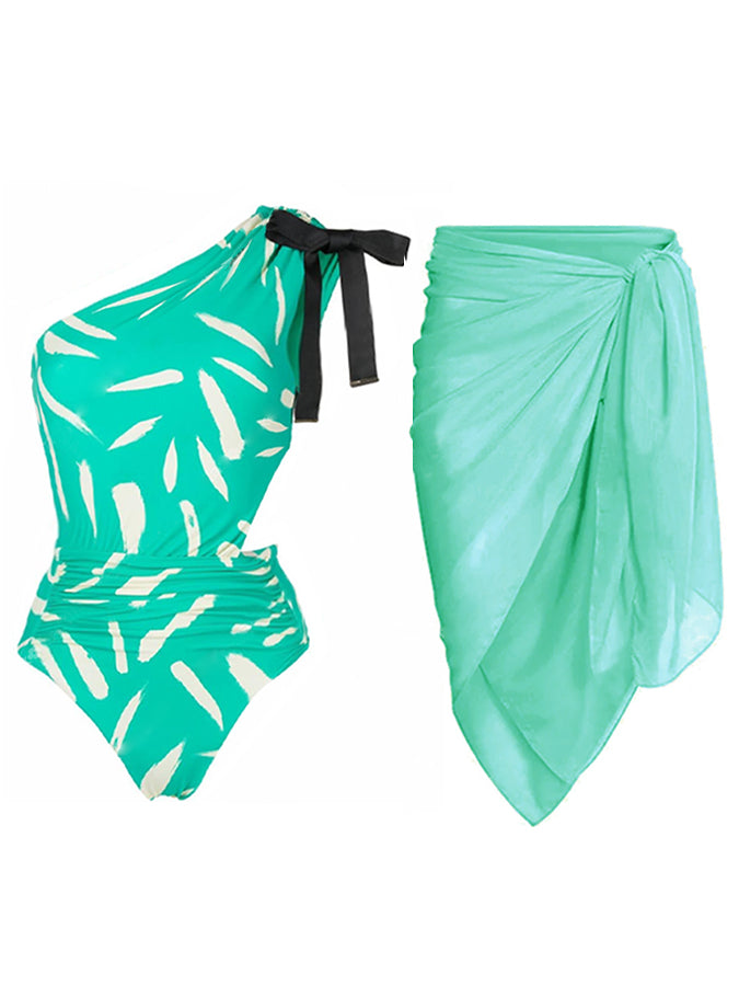 Fashion One Shoulder Print One Piece Swimsuit and Cover Up