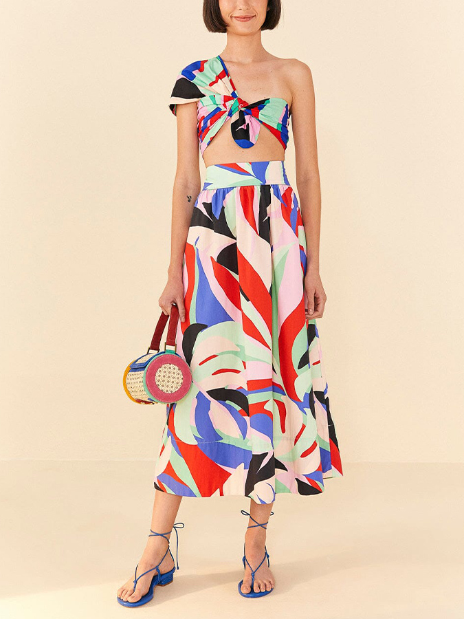 Vintage Colorblock Print Beach Bikini and Skirt