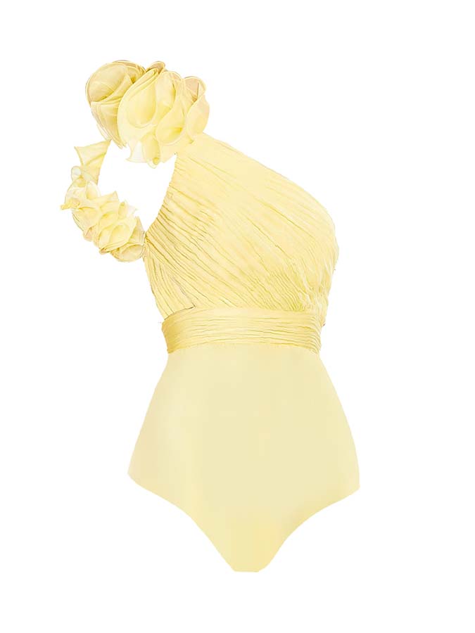 Solid Color One-Shoulder Wood Ear Trim One-Piece Swimsuit