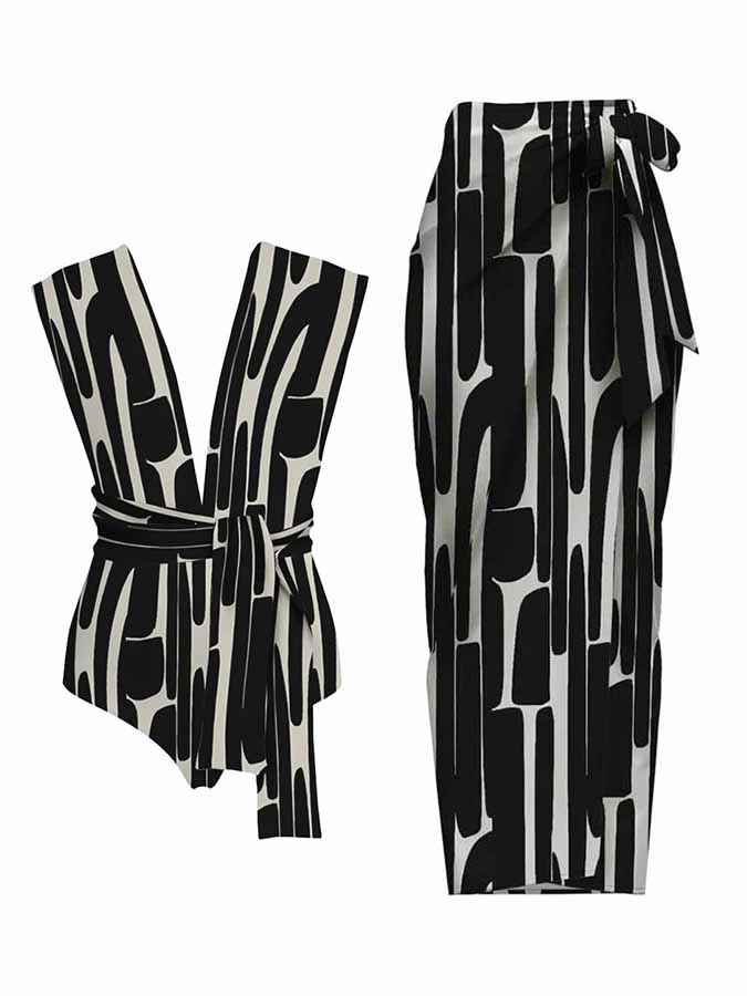 Geometric Print Ruffle One Piece Swimsuit And Cover Up