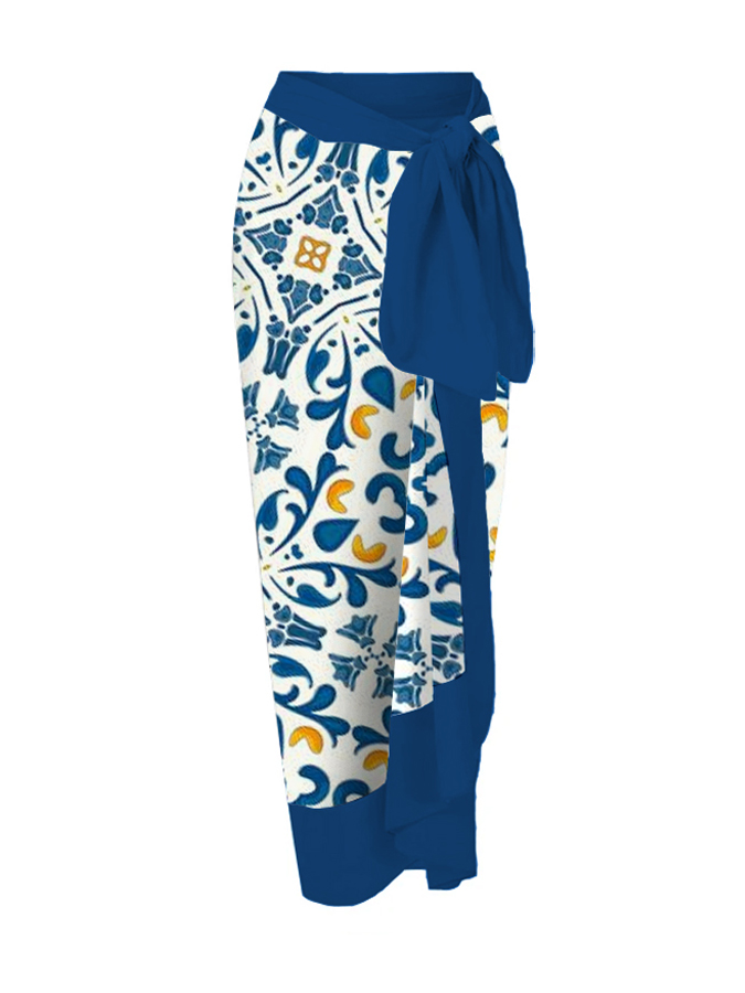 Blue and White Geometric Pattern One Piece Swimsuit And Cover Up