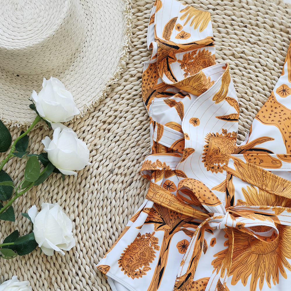 Ruffle V-Neck Belt Backless One Piece Swimwear