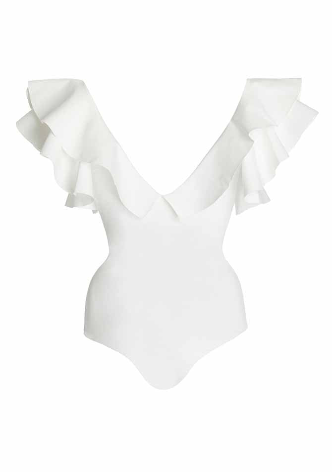 V-Neck Ruffled Solid Color One-Piece Swimsuit