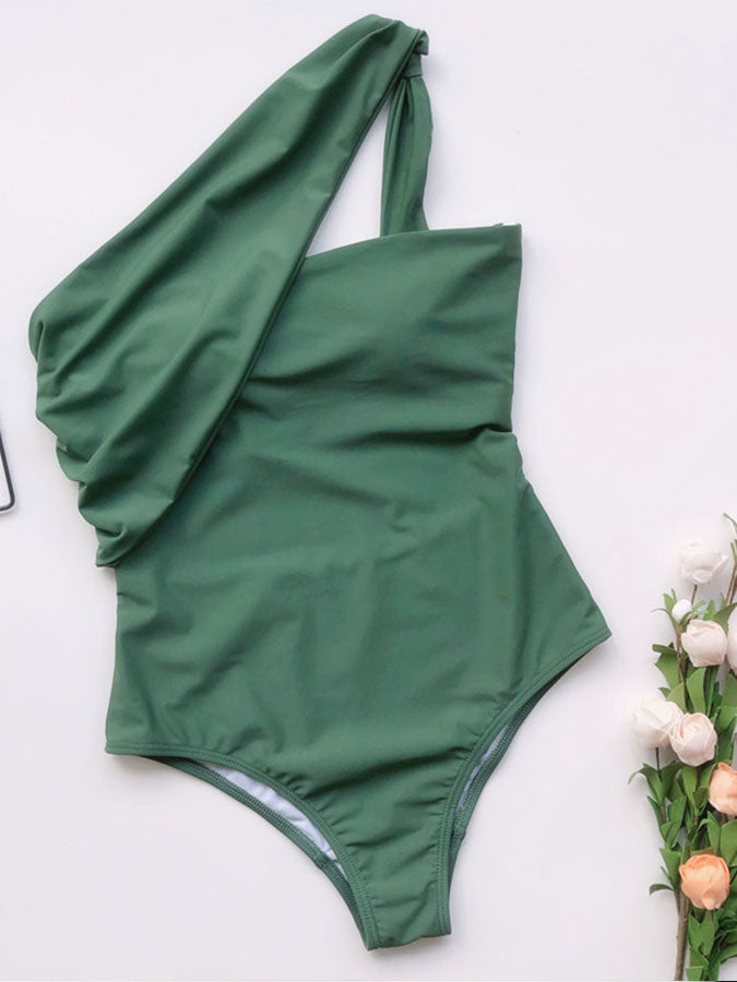 Solid One Shoulder One Piece Swimwears