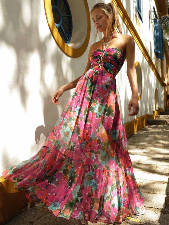 Halter Straps Cutout Floral Doodle One-Piece Swimsuit and Skirt