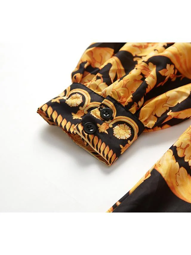 Women Retro Dresses Bohemian Floral Print Gold Color Deep V Neck Maxi Dress