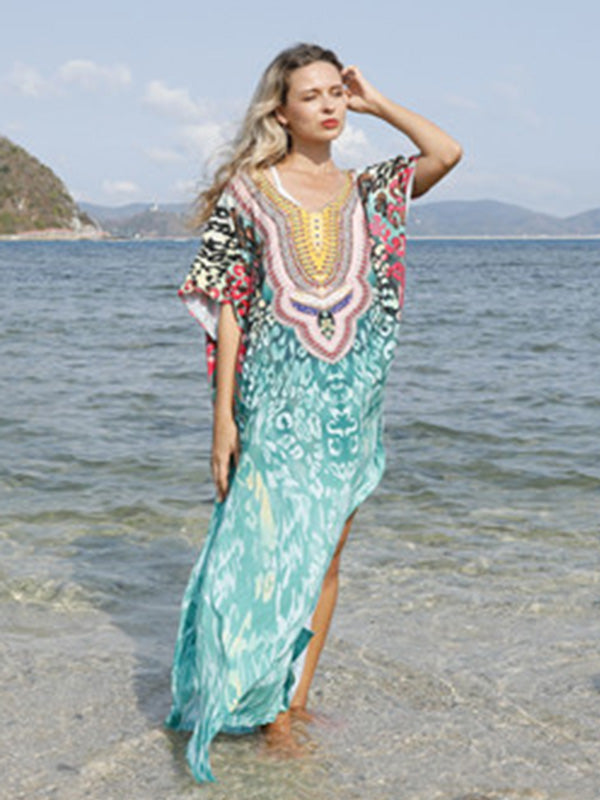 Half Sleeve V-Neck Floral Printed Split-Side Cover-Up Swimwear