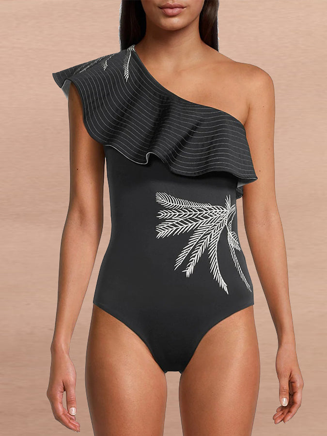 Ruffled Embroidered One Piece Fashion Swimsuit