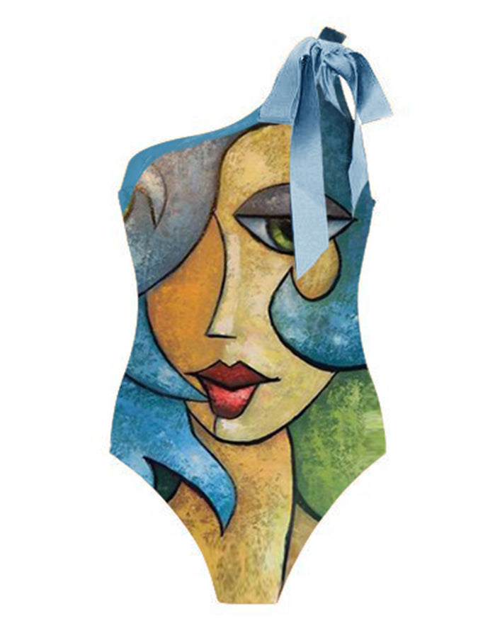 Fashion One Shoulder Abstract Print One Piece Swimsuit and Cover Up