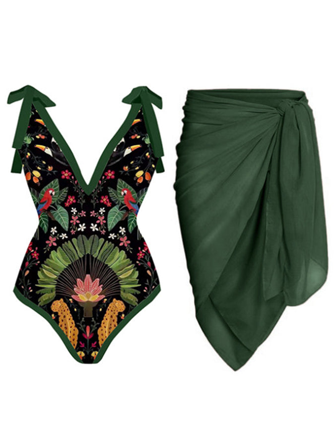 Vintage Print Deep V One Piece Swimsuit Set