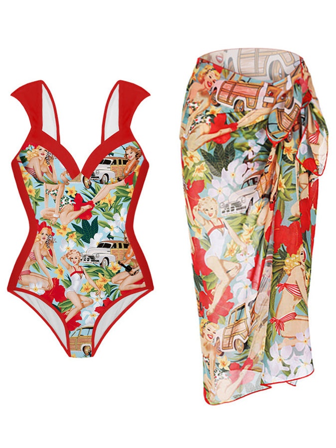 Fashion Colorblock Print One Piece Swimsuit and Cover Up