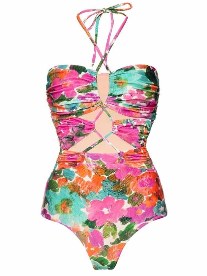 Halter Straps Cutout Floral Doodle One-Piece Swimsuit and Skirt
