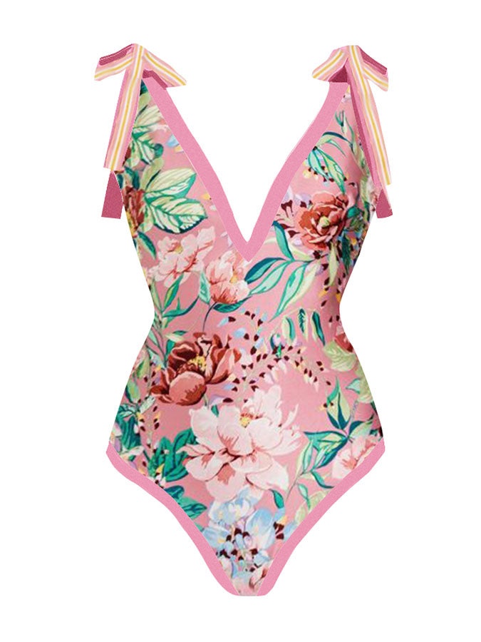 Deep V Floral Print One-Piece Swimsuit Set