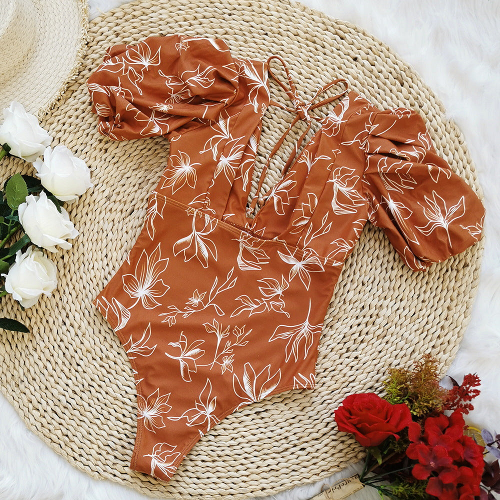 V Neck Puff Sleeve Backless One Piece Swimsuit
