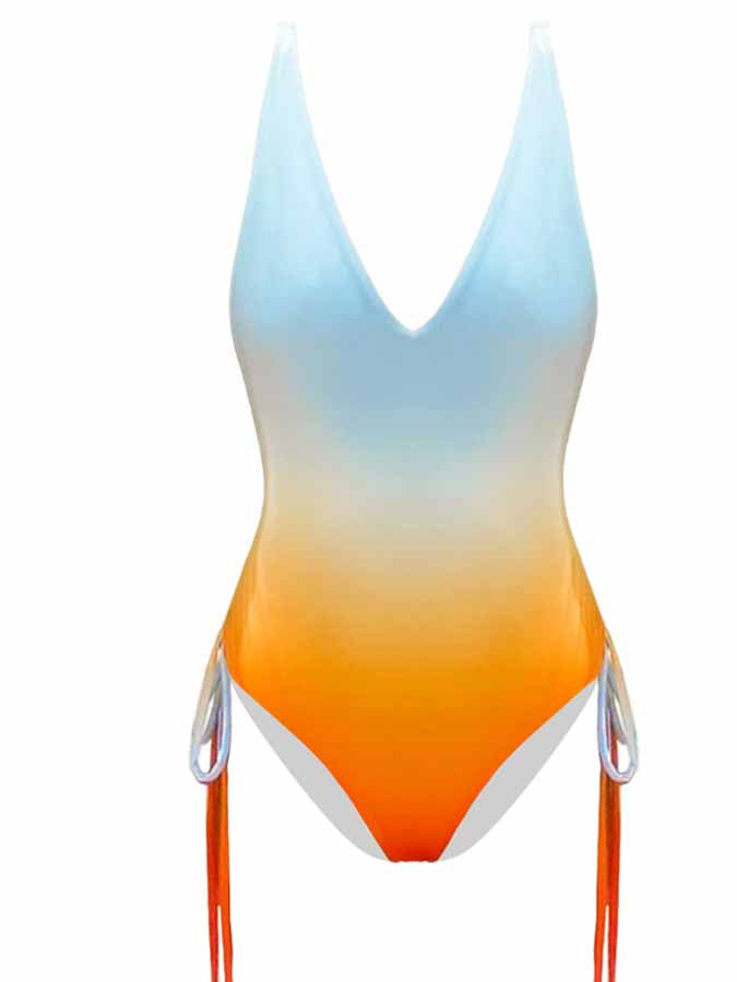 Gradient Drawstring One-Piece Swimsuit and Skirt