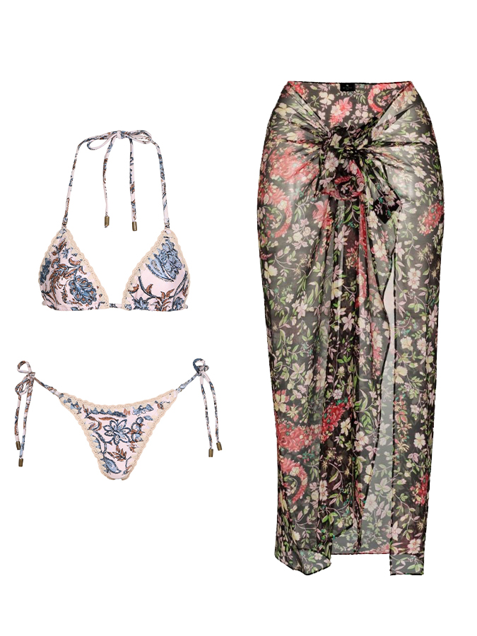 Embroidered Print Lace Up Bikini Swimsuit