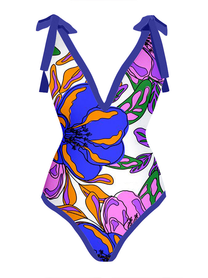 Printed Lace Up Chic One Piece Swimsuit & Coverup