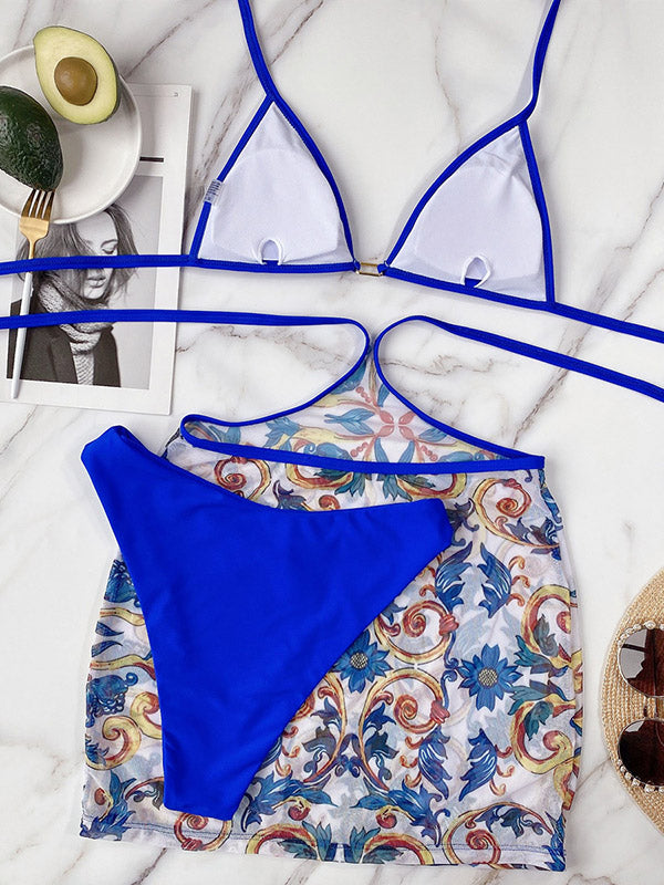 Halterneck Triangles Split Bikini Three-Piece Set