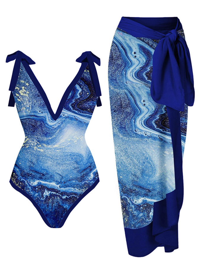 Vintage V-Neck Colorblock Print Beach One-Piece Swimsuit