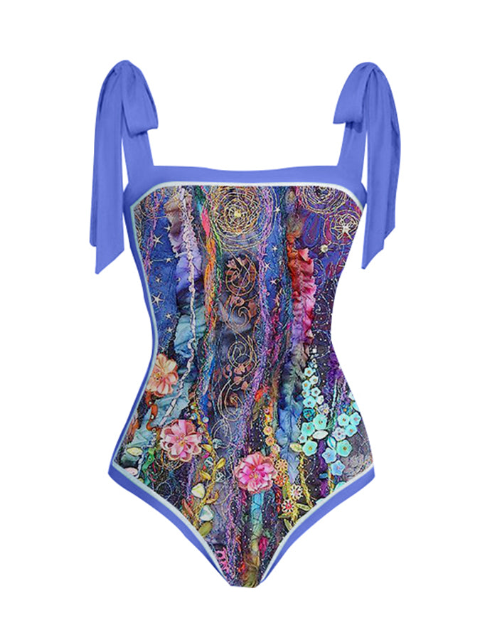 Fashion Floral Print One-Piece Swimsuit Set