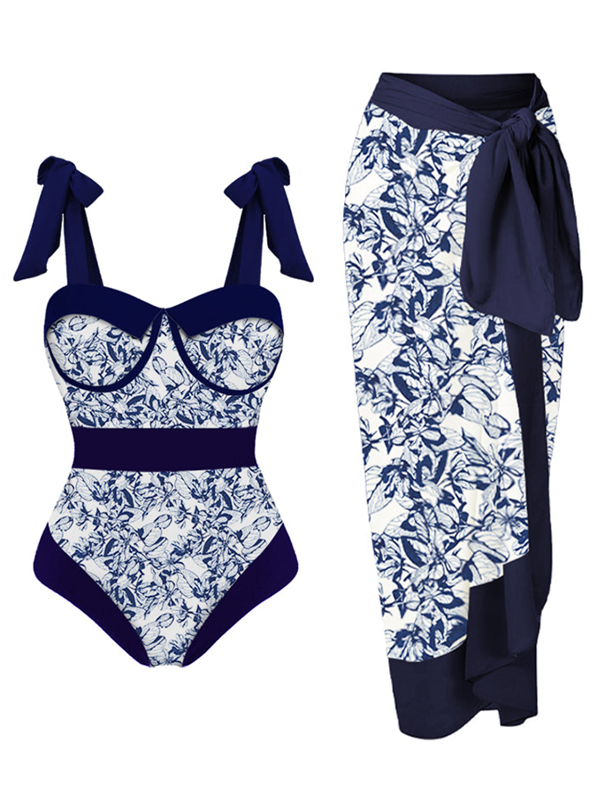 Vintage Colorblock Print Swimsuit and Cover Up