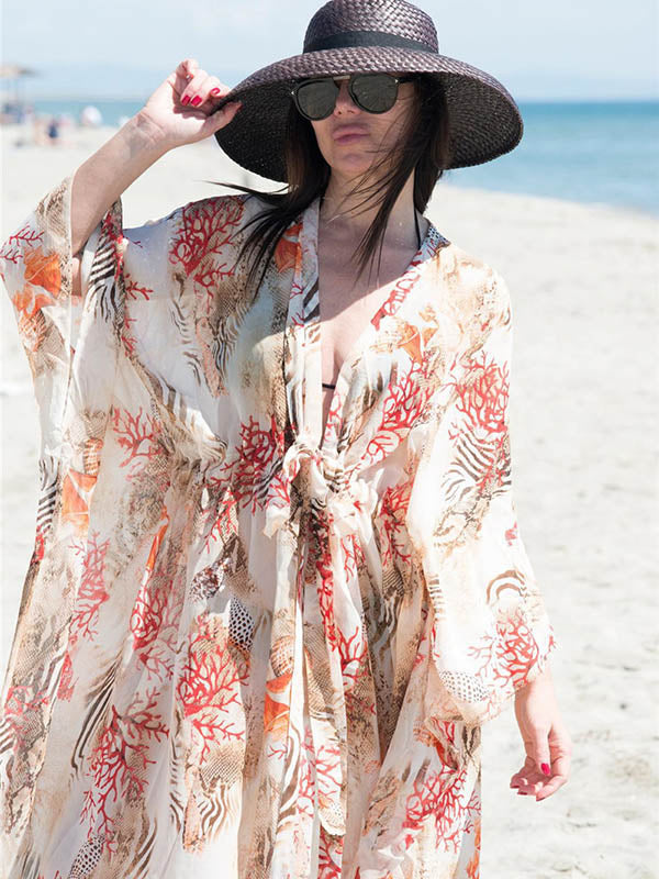 Chiffon Printed Loose Thin Cardigan Vacation Cover-Up Swimwear