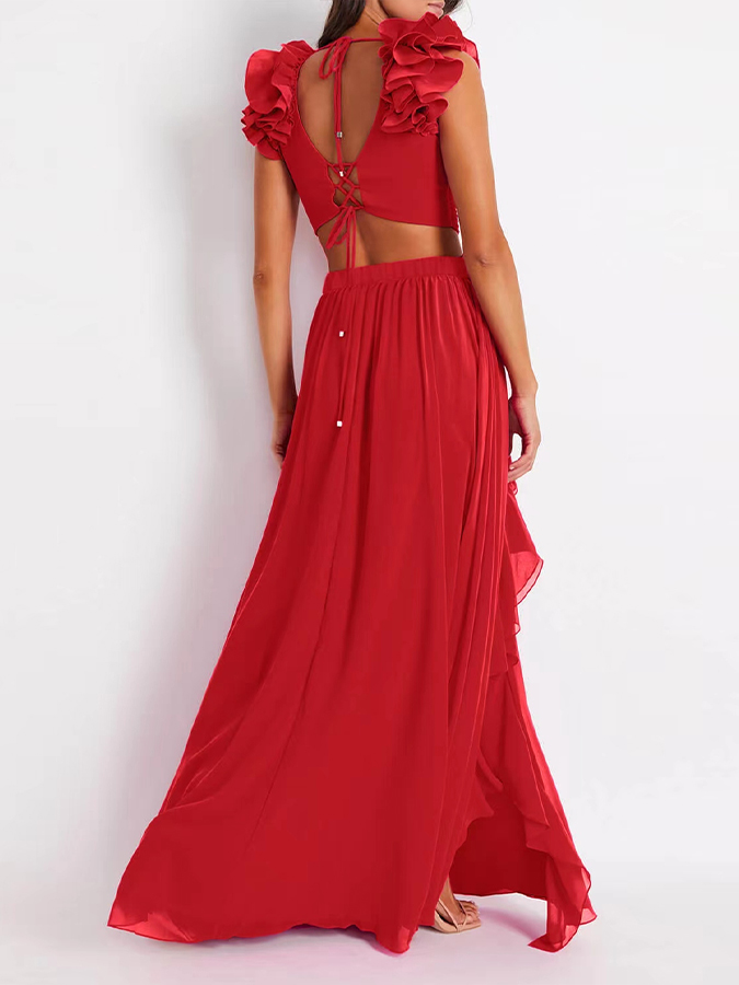 Deep V Red Cutout One Piece Swimsuit and Skirt