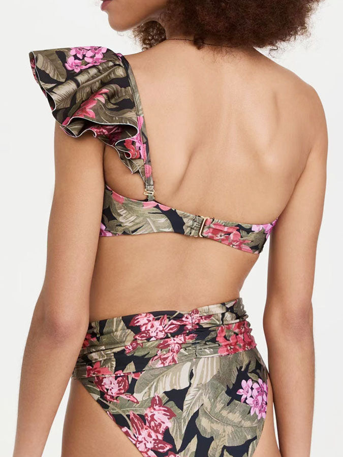 Fashion Printed One-Shoulder Ruffled Bikini and Cover Up