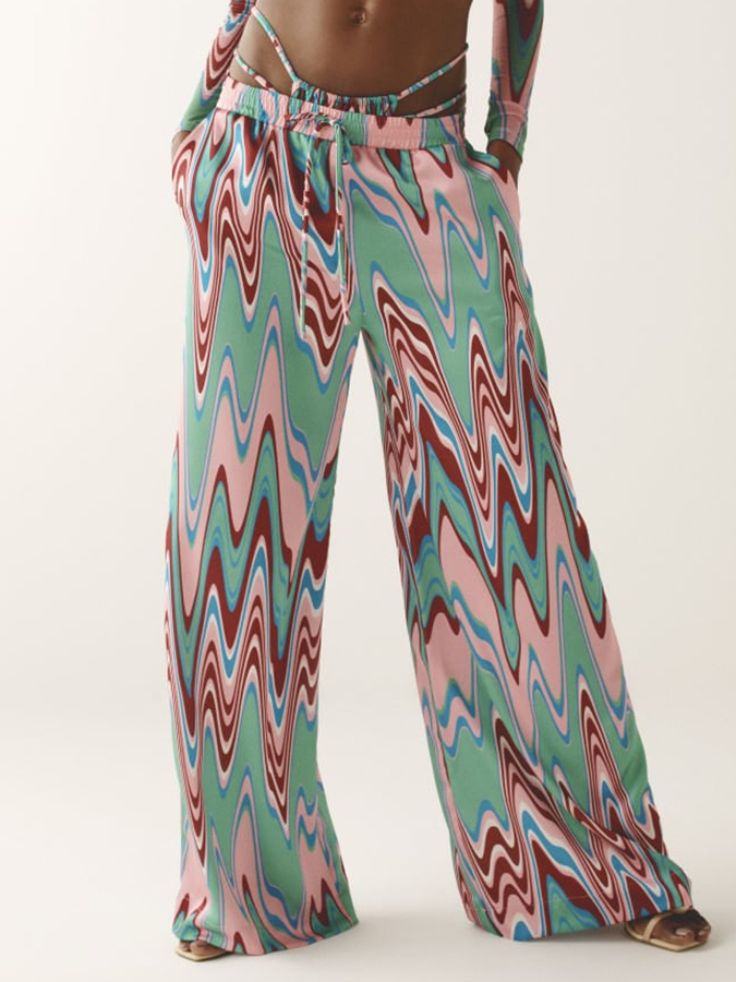 V-Neck Colorblock Printed Swimsuit and Pants