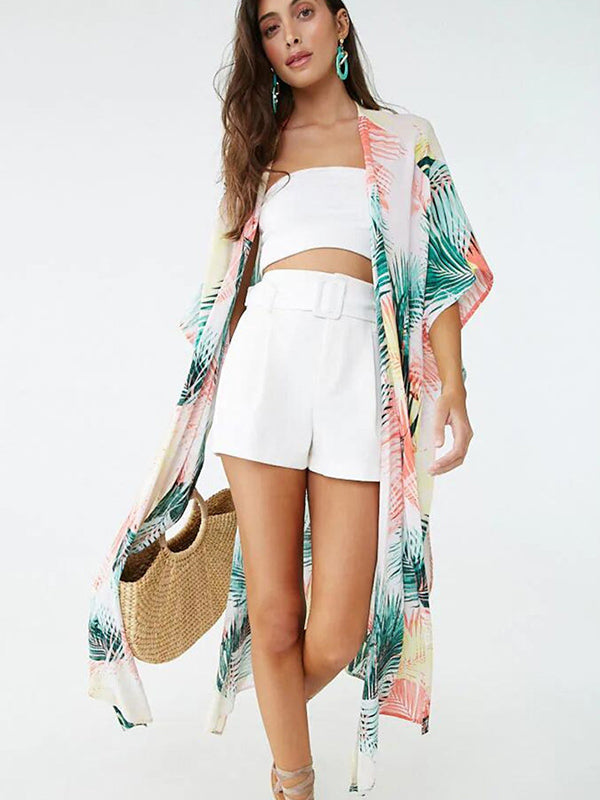 Colorful Leaf Printing Cardigan Loose Vacation Beach Cover-Up Swimwear