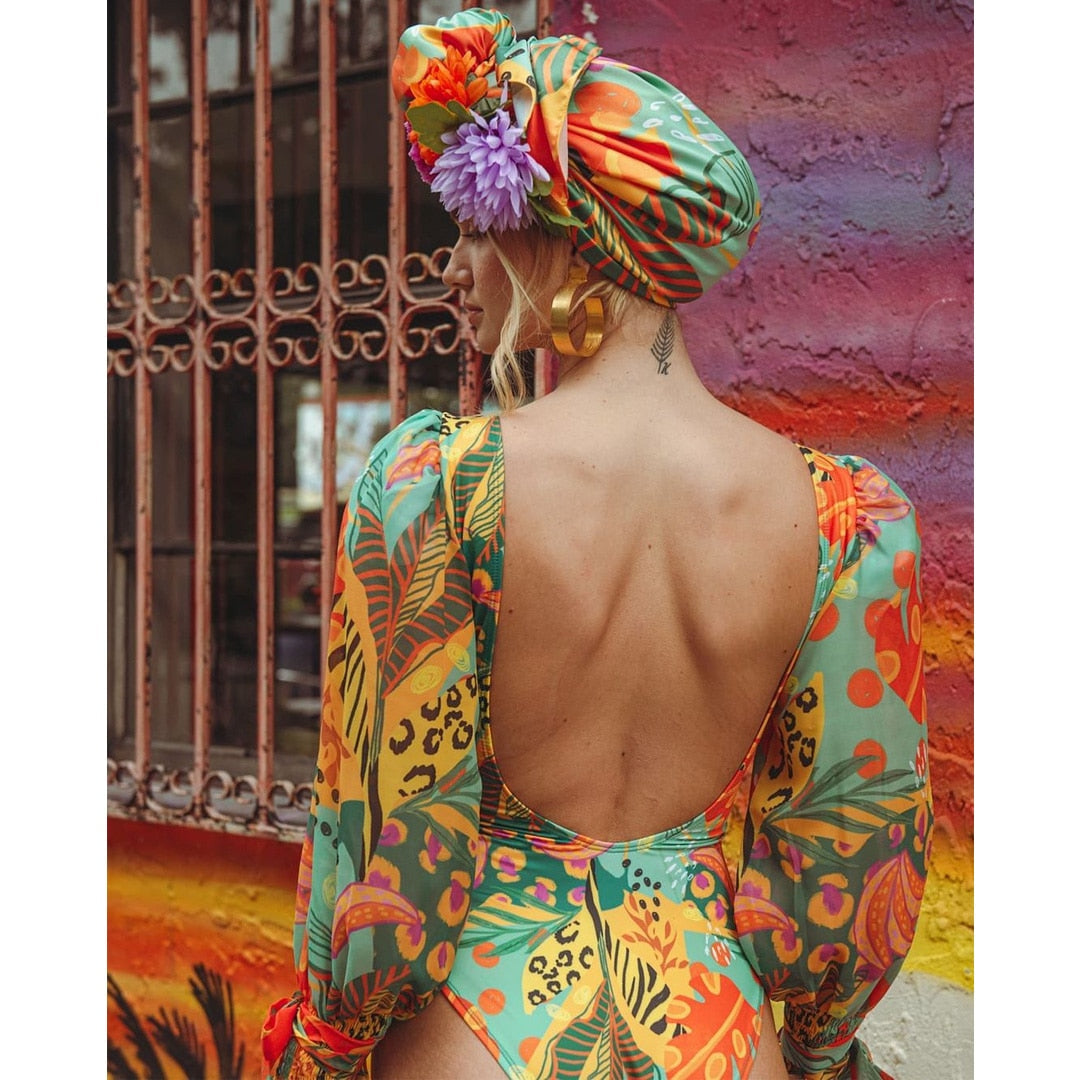 Long Sleeve Printed Backless One Piece Swimsuit