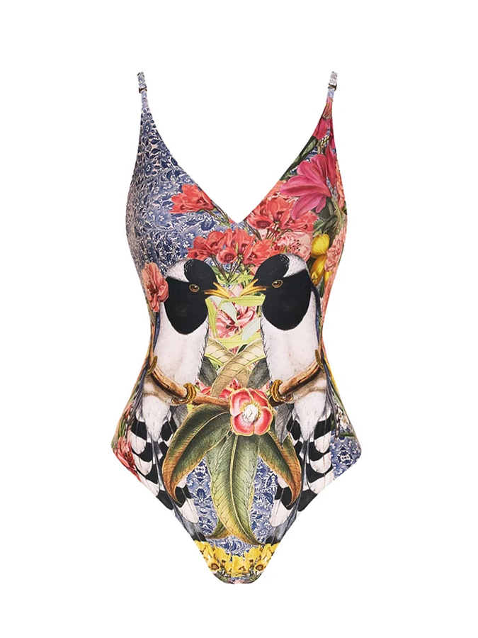 Bird Print One Piece Swimsuit and Skirt