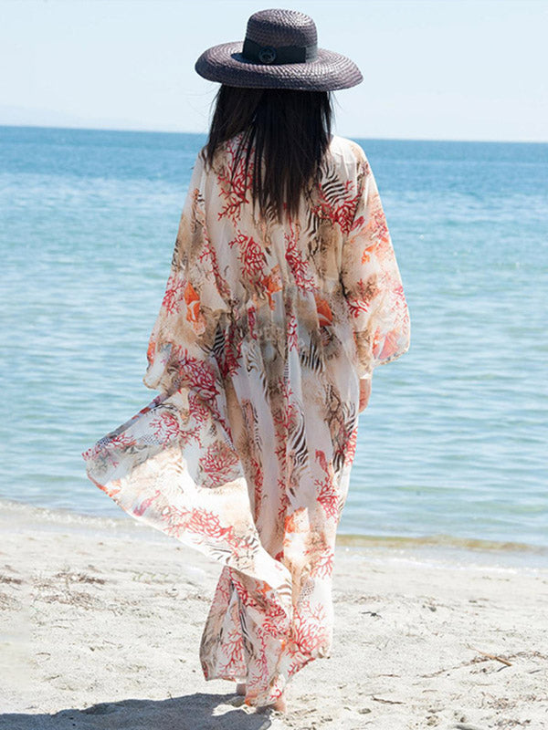 Chiffon Printed Loose Thin Cardigan Vacation Cover-Up Swimwear