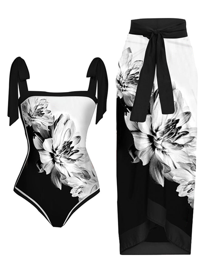 Vintage Colorblock Floral Print One-Piece Swimsuit