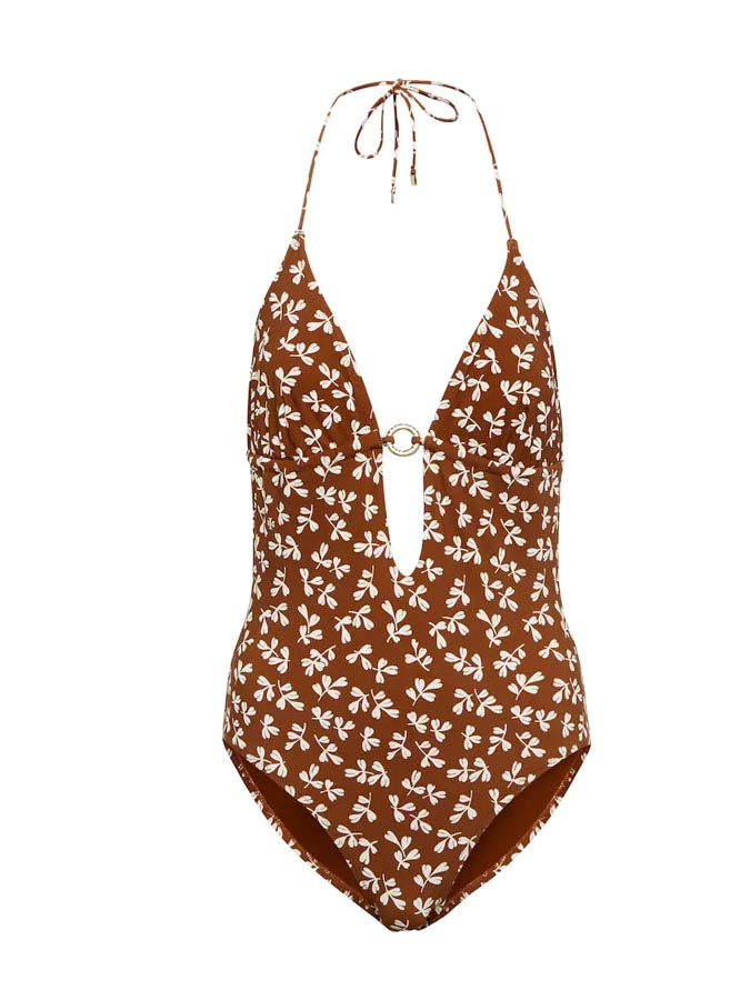 Halter Neck Print Cutout One Piece Swimsuit