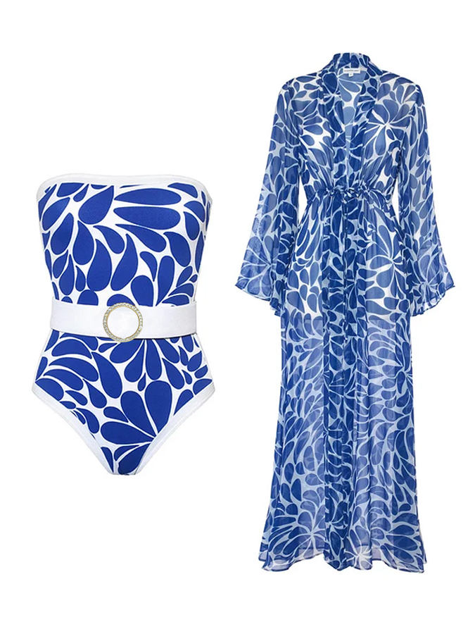 Bandeau Printed One Piece Swimsuit With Belt and Cover Up