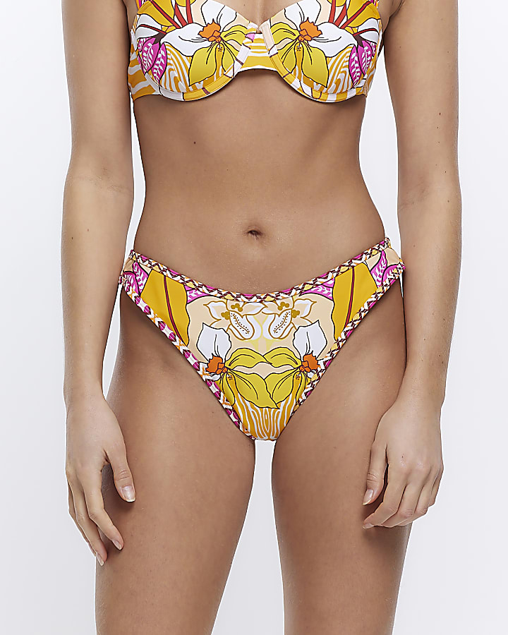 Orange floral brief bikini bottoms