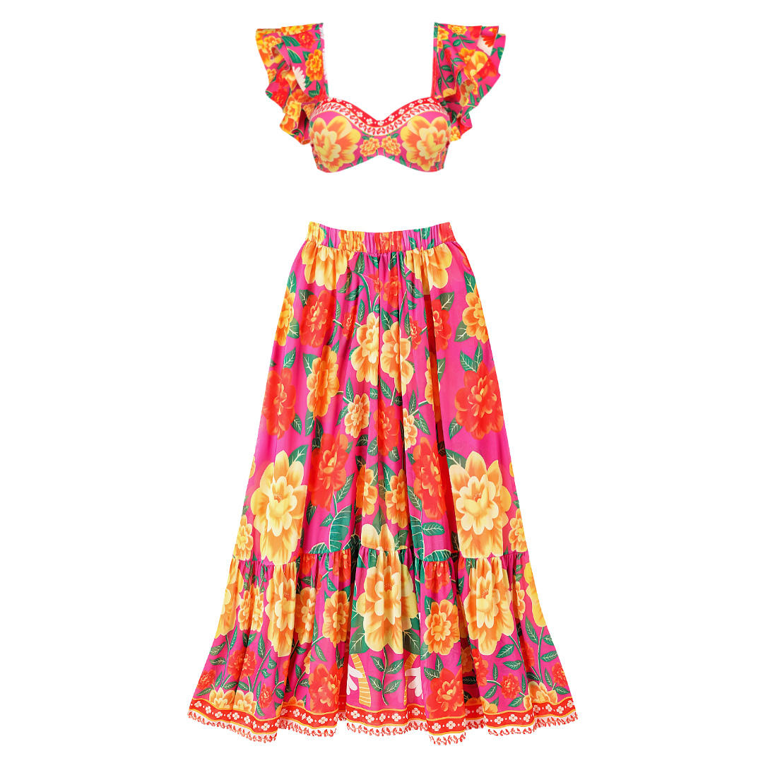 Flaxmaker ruffled contrast print bikini swimsuit and skirt