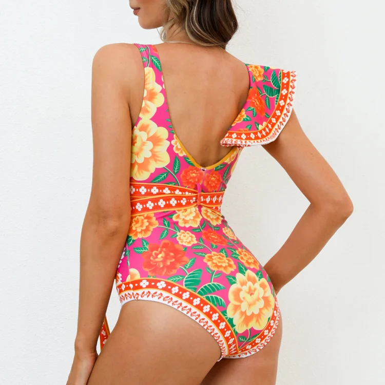 One-shoulder ruffled contrast print one piece swimsuit