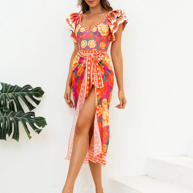 Ruffled contrast print one piece swimsuit and sarong