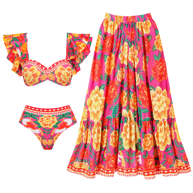 Flaxmaker ruffled contrast print bikini swimsuit and skirt