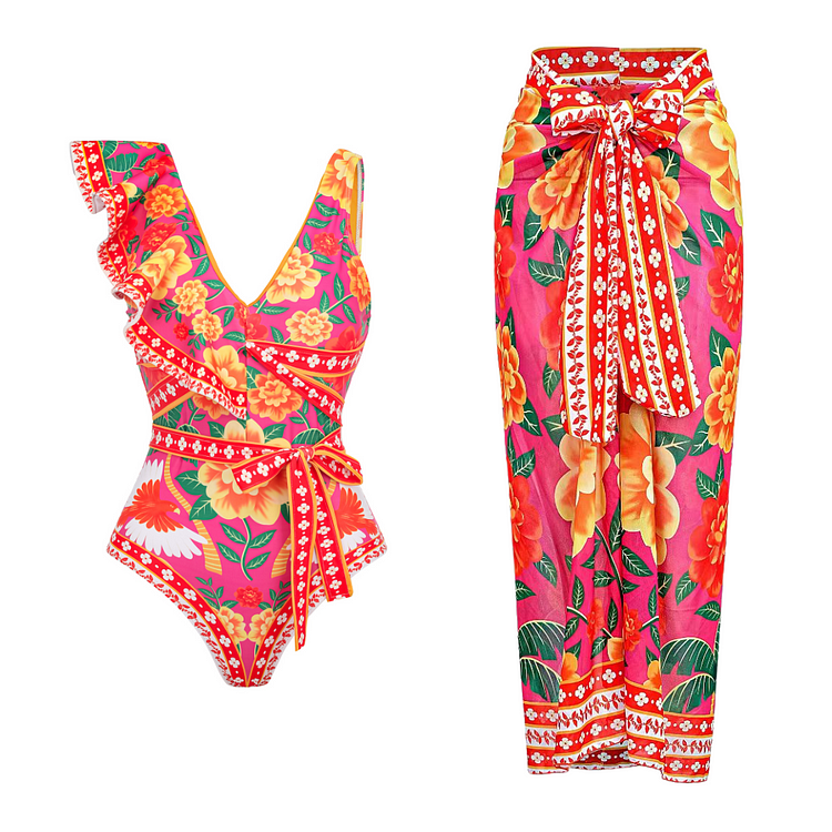 One-shoulder ruffled contrast print one piece swimsuit and sarong