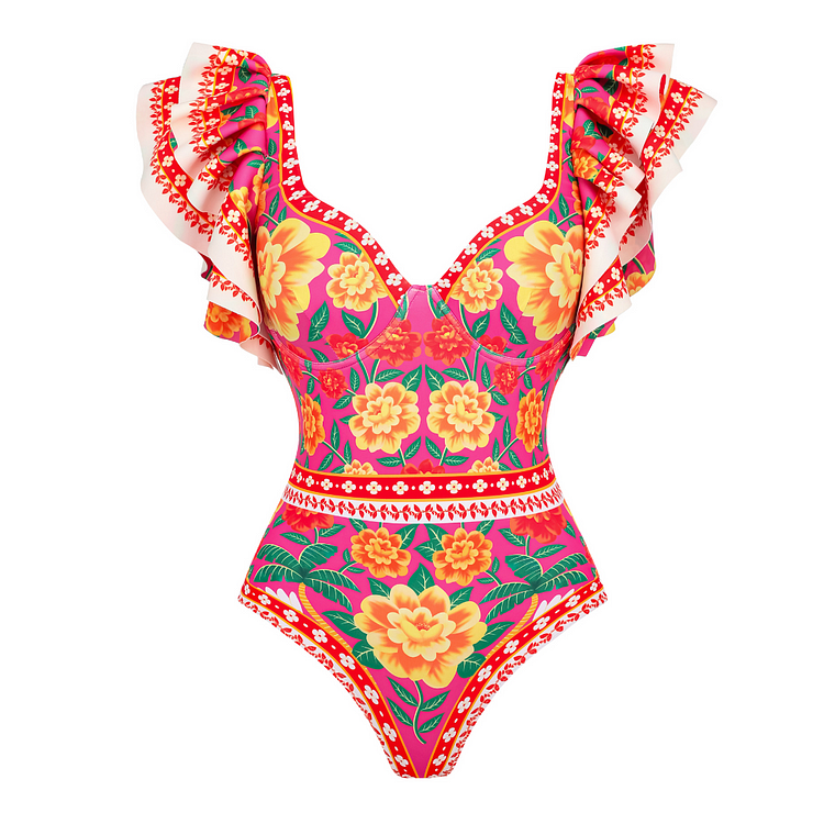 Ruffled contrast print one piece swimsuit 