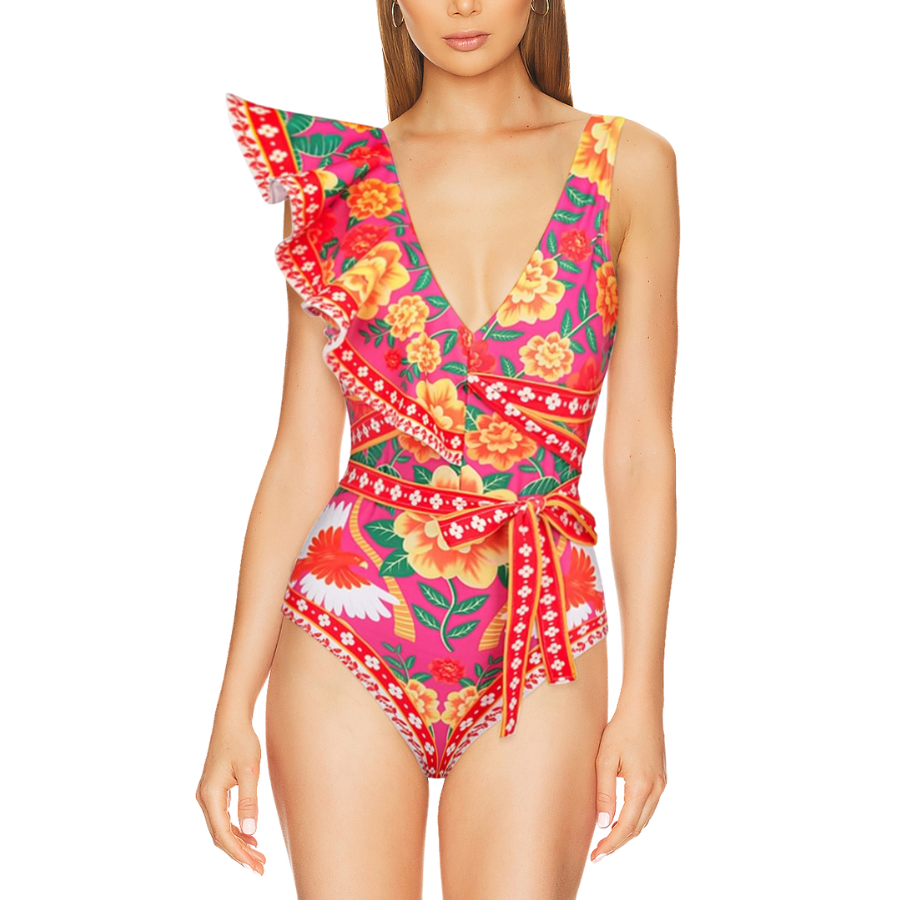 One-shoulder ruffled contrast print one piece swimsuit