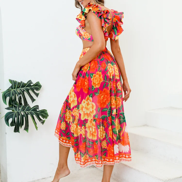 Flaxmaker ruffled contrast print bikini swimsuit and skirt