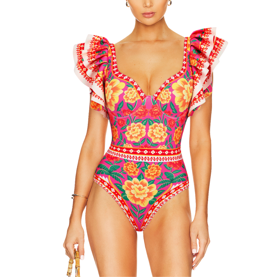 Ruffled contrast print one piece swimsuit