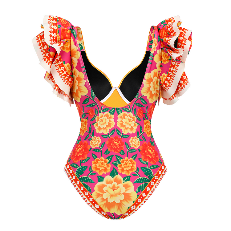 Ruffled contrast print one piece swimsuit 