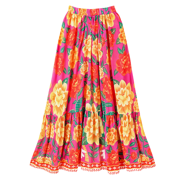 Flaxmaker ruffled contrast print bikini swimsuit and skirt